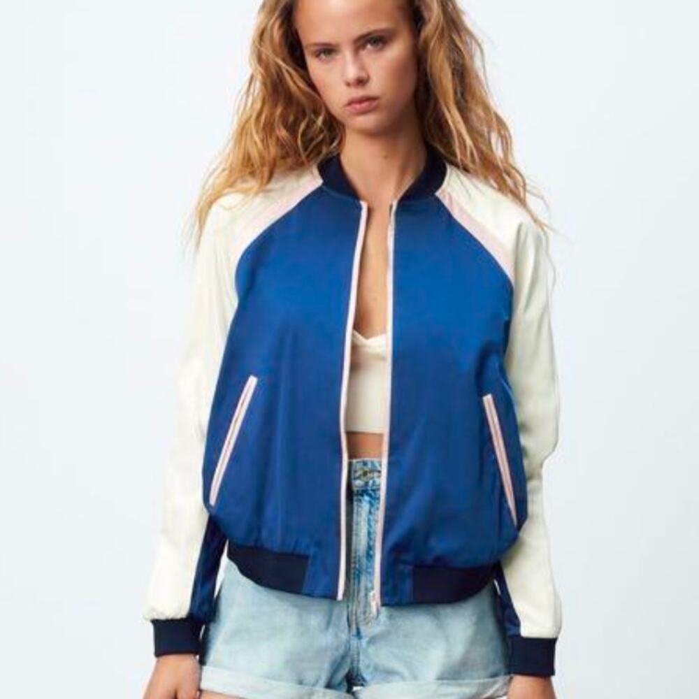 Zara Satin Blue Multi Colored Bomber Jacket